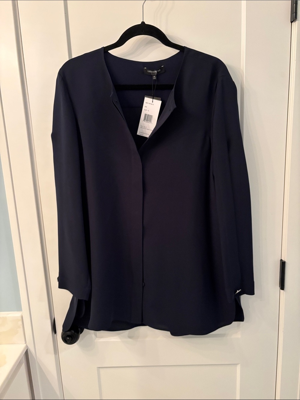 Lafayette 148 Midnight Navy Button-Front Long Sleeve Blouse 100% silk